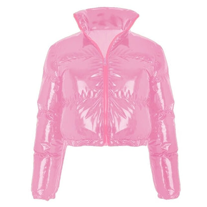 Chaqueta acolchada de manga larga con cremallera y cuello alto para mujer, de piel sintética metalizada brillante, abrigo corto tipo burbuja, parkas acolchadas