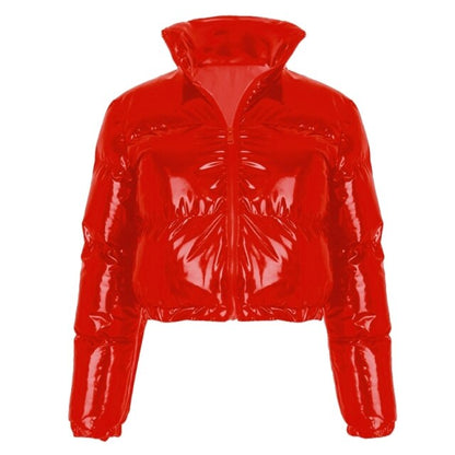 Chaqueta acolchada de manga larga con cremallera y cuello alto para mujer, de piel sintética metalizada brillante, abrigo corto tipo burbuja, parkas acolchadas